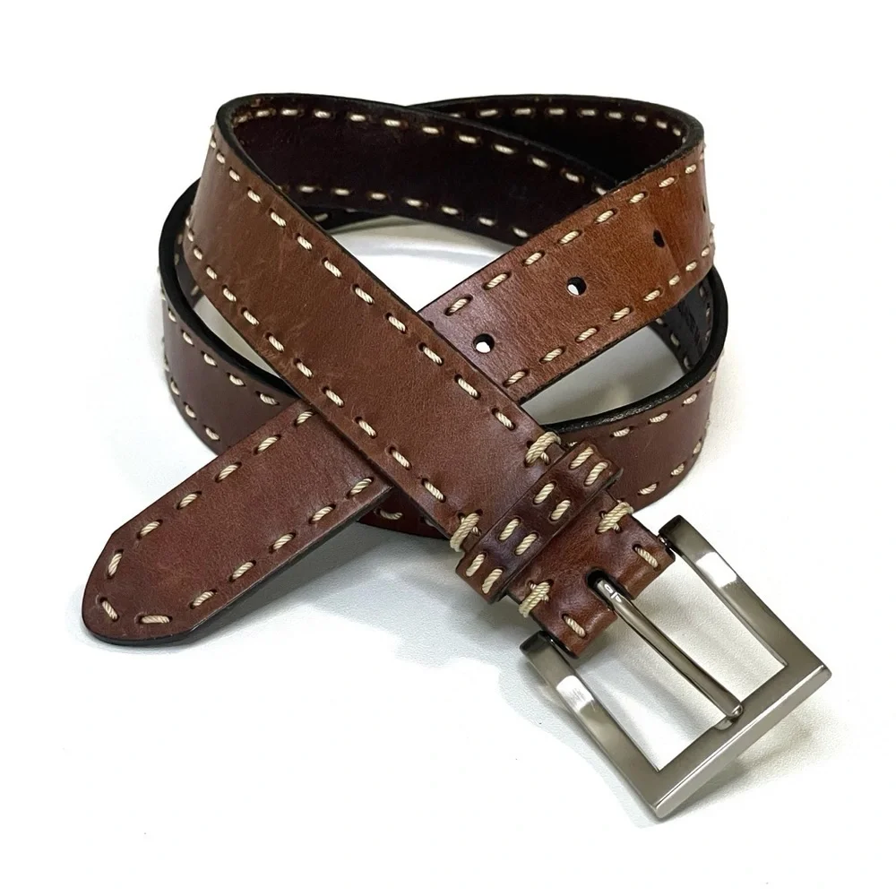 Brown Leather Stitched Belt Medium Classic Unisex Medium